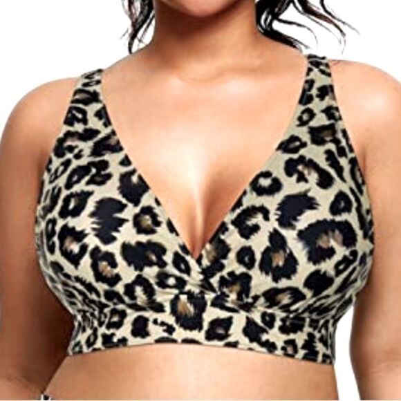 NWT Yonique Women’s Cheetah Print V-Neck Swim Top, Size 26W - Picture 1 of 10